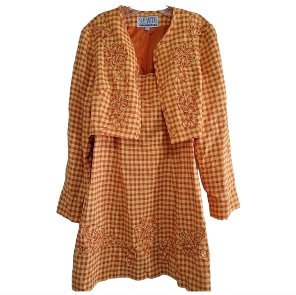 Sue Wong Dresses & Skirts - Sue Wong 90s Y2K Clueless Mini Dress Cropped Jacket Set Orange Yellow Gingham
